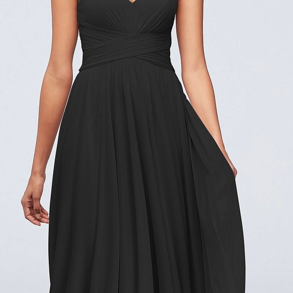 David’s Bridal Spaghetti Strap Mesh Cross Waist Black Dress